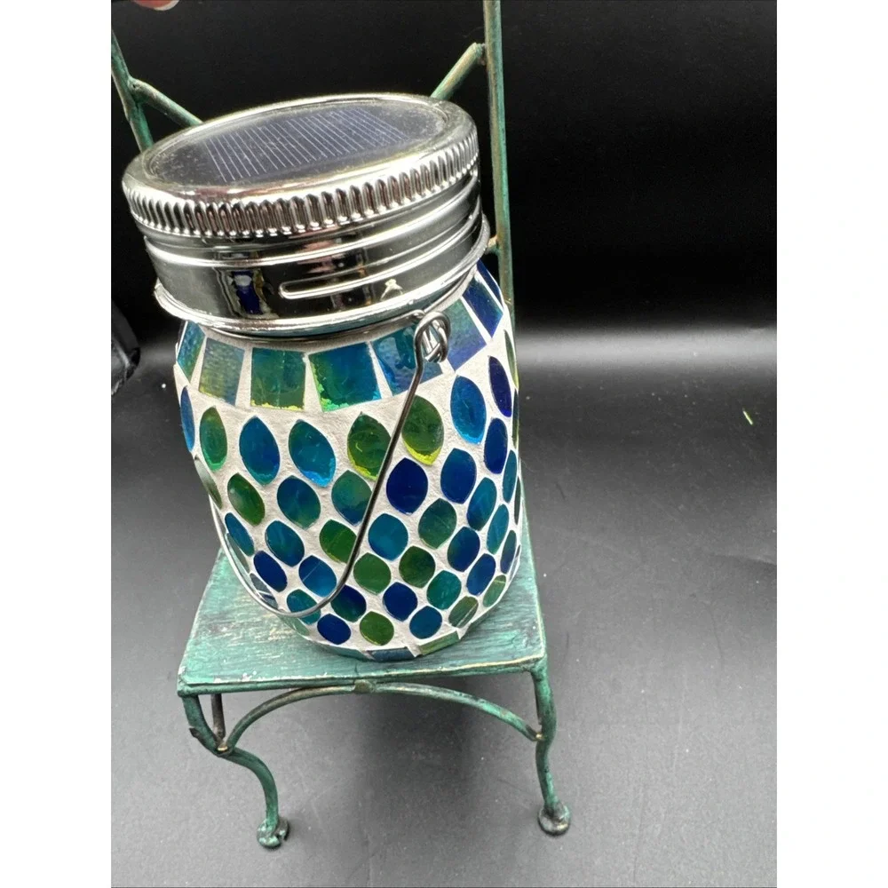 Solar Powered LED Light  Mason Glass Jar Mosaic Green Blue Coastal Cottagecore